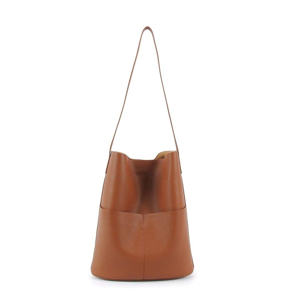 Brown Full Grain Cow Leather Bucket Bag Tote Bag Shoulder
