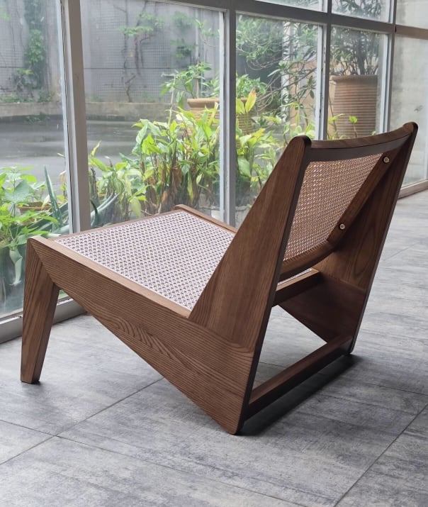 Akai Rika - Cherry Wooden & Rattan Lounge Chair | PIERRE JEANNERET