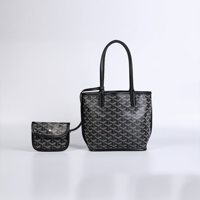Goyard Style Medium Genuine Leather Zippered Tote Bag