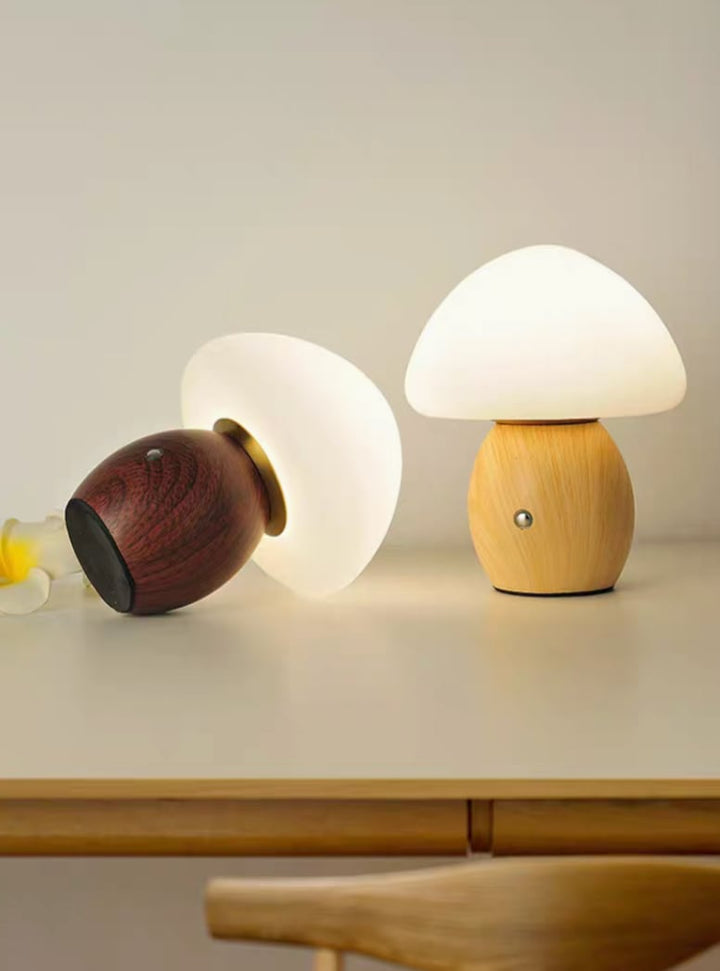 Solid Wood Frosted Mushroom Table Lamp - USB Rechargeable LED Cordless Table Lamp