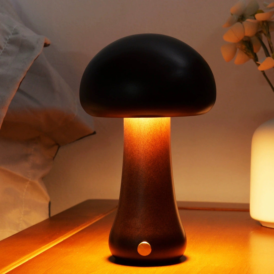 Solid Wood Mushroom Table Lamp - USB Rechargeable LED Cordless Table Lamp