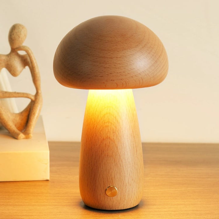 Solid Wood Mushroom Table Lamp - USB Rechargeable LED Cordless Table Lamp