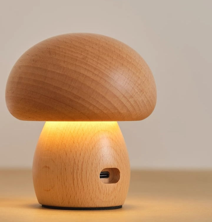 Solid Wood Mushroom Table Lamp - USB Rechargeable LED Cordless Table Lamp