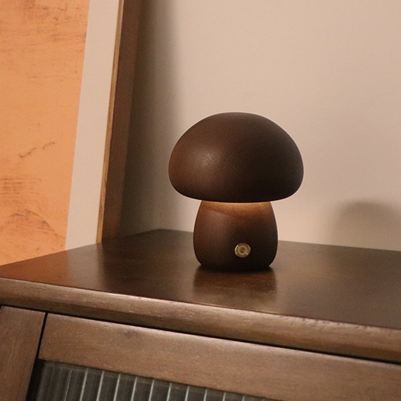 Solid Wood Mushroom Table Lamp - USB Rechargeable LED Cordless Table Lamp