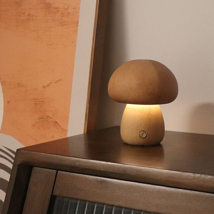 Solid Wood Mushroom Table Lamp - USB Rechargeable LED Cordless Table Lamp