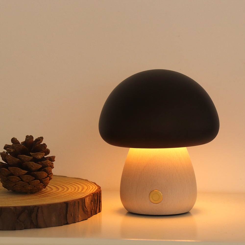 Solid Wood Mushroom Table Lamp - USB Rechargeable LED Cordless Table Lamp