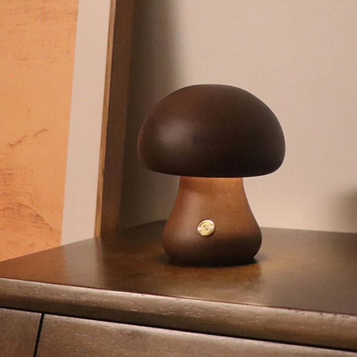 Solid Wood Mushroom Table Lamp - USB Rechargeable LED Cordless Table Lamp