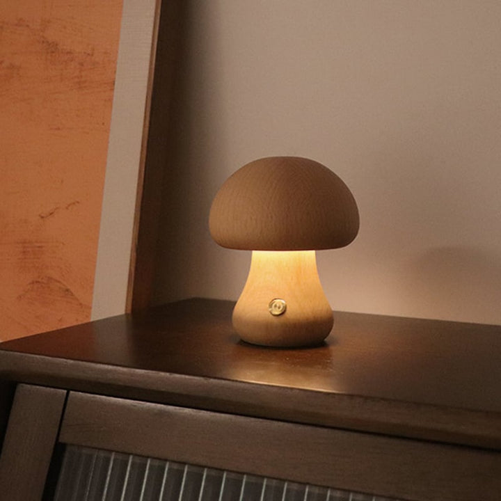 Solid Wood Mushroom Table Lamp - USB Rechargeable LED Cordless Table Lamp