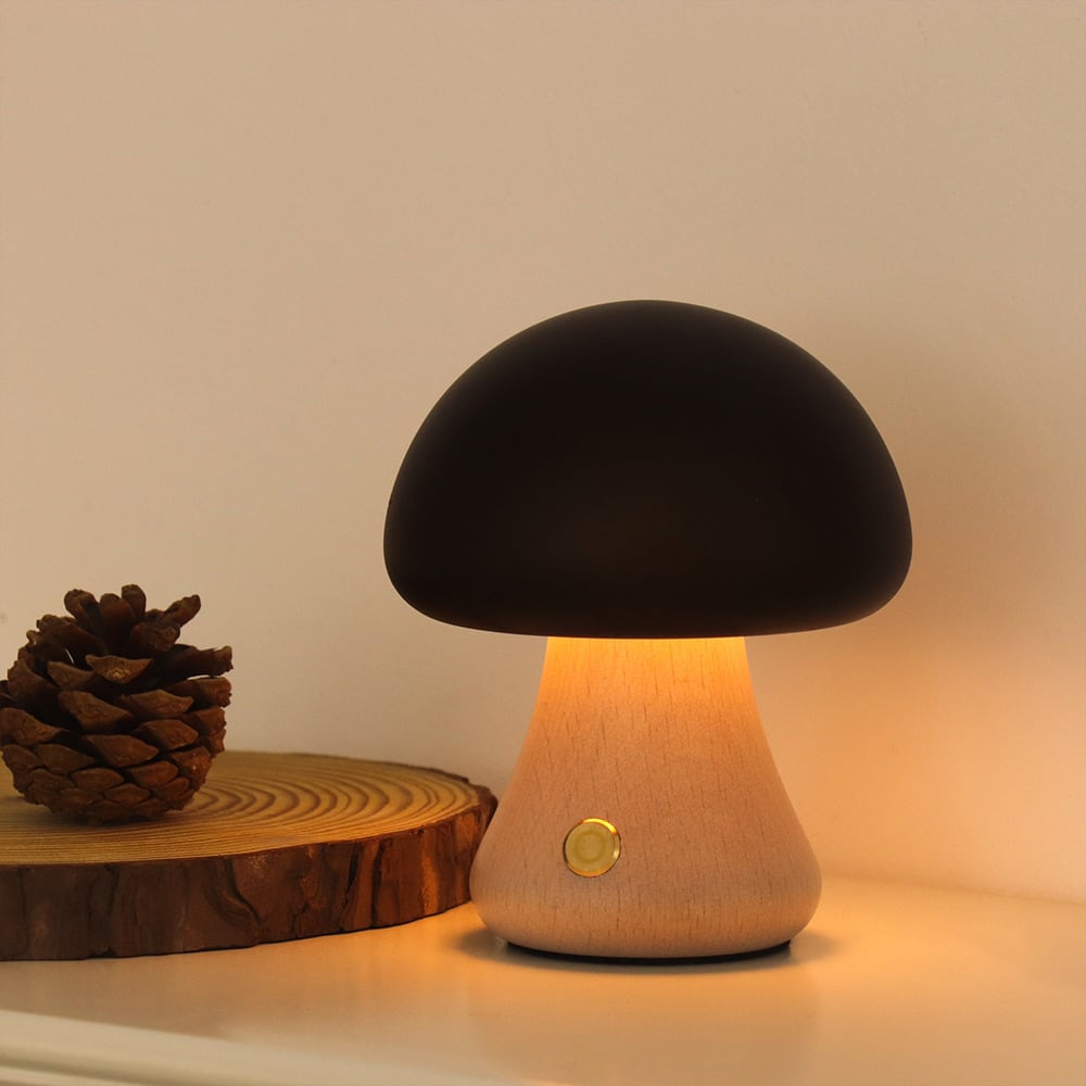 Solid Wood Mushroom Table Lamp - USB Rechargeable LED Cordless Table Lamp