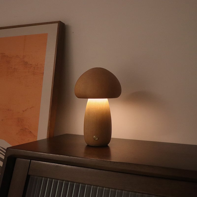 Solid Wood Mushroom Table Lamp - USB Rechargeable LED Cordless Table Lamp