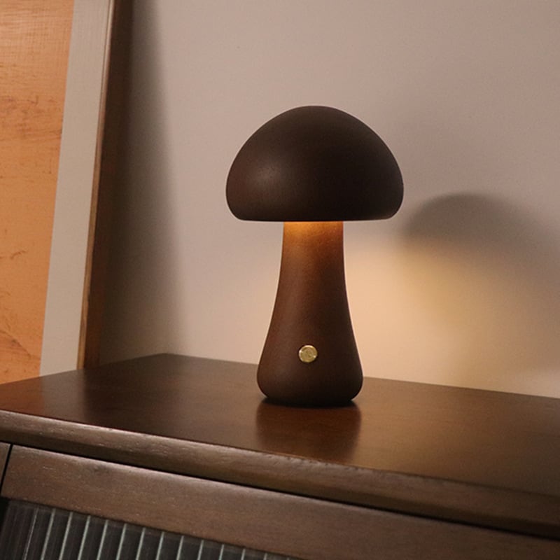 Solid Wood Mushroom Table Lamp - USB Rechargeable LED Cordless Table Lamp