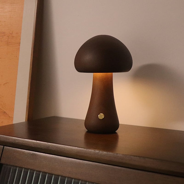 Solid Wood Mushroom Table Lamp - USB Rechargeable LED Cordless Table Lamp