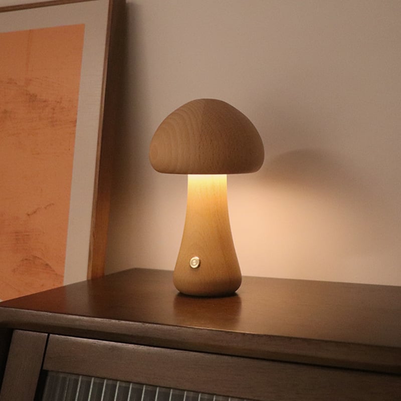 Solid Wood Mushroom Table Lamp - USB Rechargeable LED Cordless Table Lamp