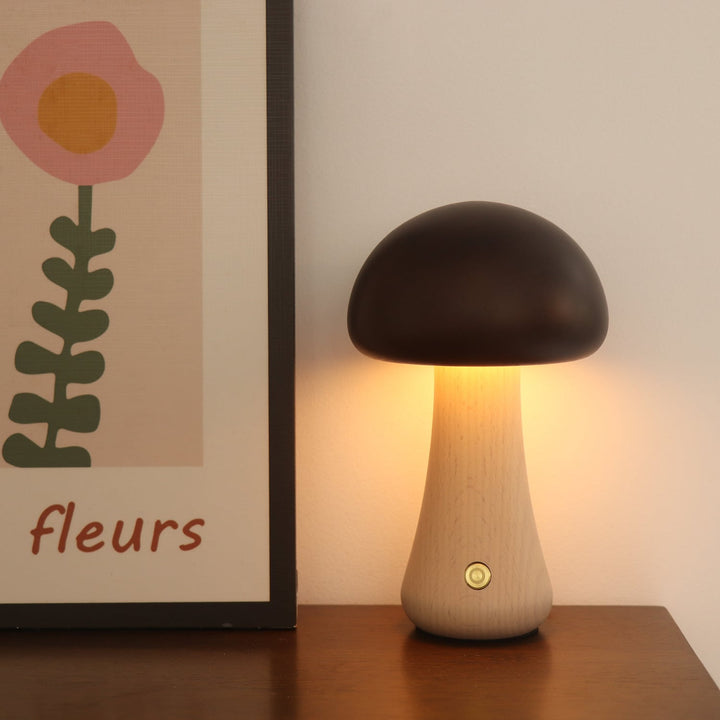 Solid Wood Mushroom Table Lamp - USB Rechargeable LED Cordless Table Lamp