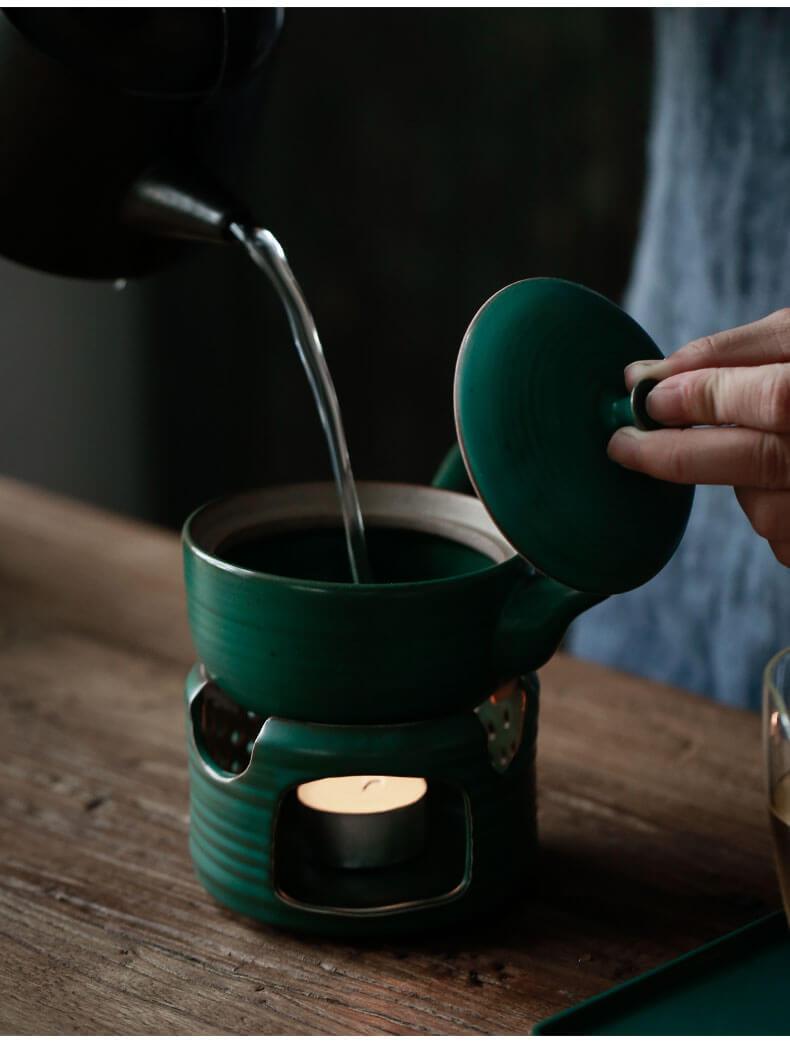 Japanese-style Side Grip Ceramic Glaze Teapot Candle Warmer Set - mokupark.com