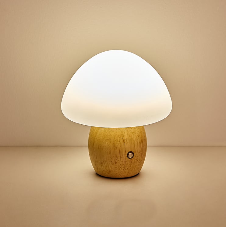 Solid Wood Frosted Mushroom Table Lamp - USB Rechargeable LED Cordless Table Lamp