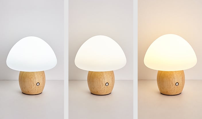 Solid Wood Frosted Mushroom Table Lamp - USB Rechargeable LED Cordless Table Lamp