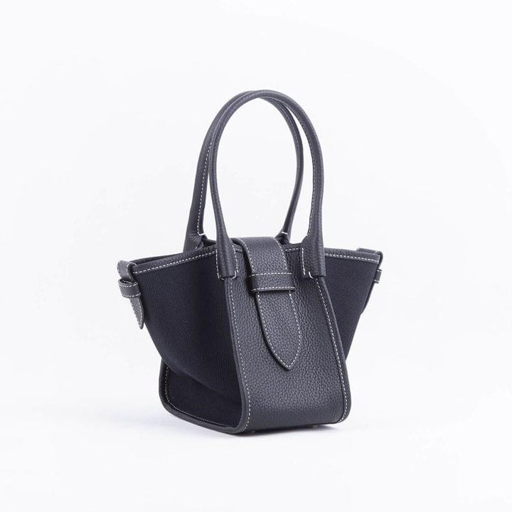 Mini Black & Black Two-handed Canvas and Full Grain Cow Leather Square Swing Bag | Wings Bag - mokupark.com