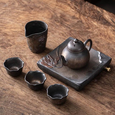 Japanese Early Lotus Pear Teapot Set - 6 pcs | One Pot And Three Cups with Tray - mokupark.com