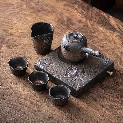 Japanese Lotus Side Grip Kung Fu Teapot Set - 6 pcs | One Pot And Three Cups with Tray - mokupark.com