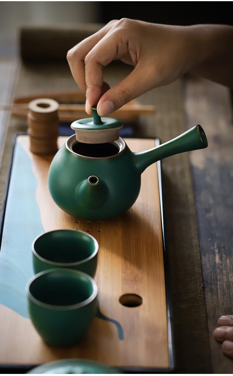 Japanese Dark Green Side Grip Teapot Set - 5pcs One Pot And Two Cups - mokupark.com