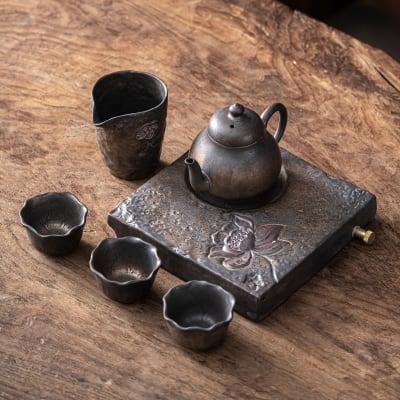 Japanese Lotus Pear Teapot Set - 6 pcs | One Pot And Three Cups with Tray - mokupark.com