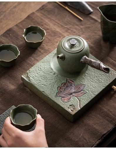 Japanese Lotus Side Grip Kung Fu Teapot Set - 6 pcs | One Pot And Three Cups with Tray - mokupark.com