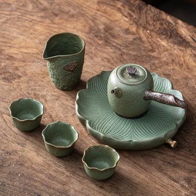 Japanese Petal Side Grip Kung Fu Teapot Set - 6 pcs | One Pot And Three Cups with Tray - mokupark.com