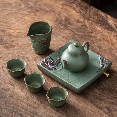 Japanese Early Lotus Pear Teapot Set - 6 pcs | One Pot And Three Cups with Tray - mokupark.com