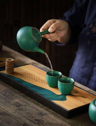 Japanese Dark Green Side Grip Teapot Set - 5pcs One Pot And Two Cups - mokupark.com