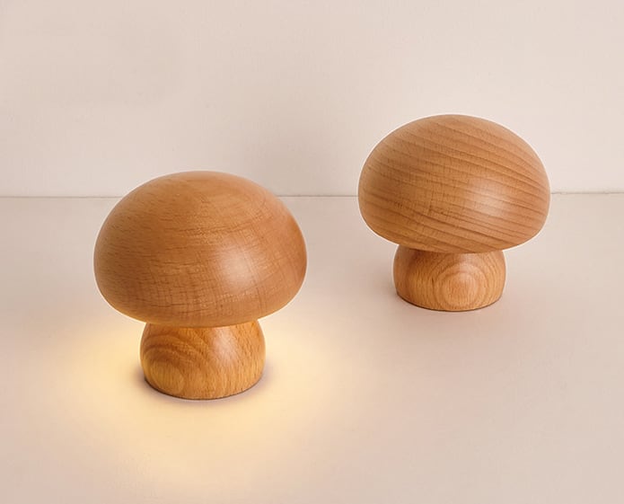 Solid Wood Mushroom Table Lamp - USB Rechargeable LED Cordless Table Lamp