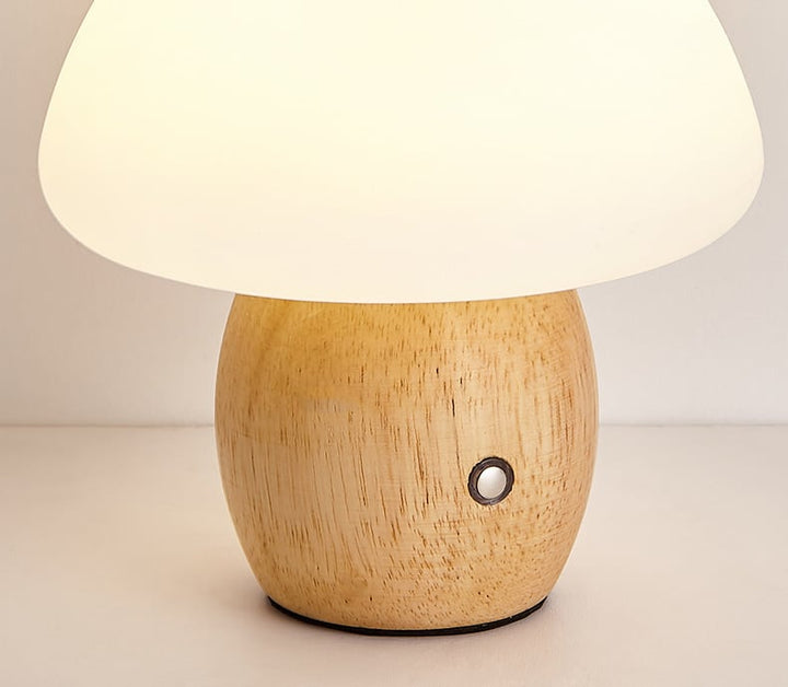 Solid Wood Frosted Mushroom Table Lamp - USB Rechargeable LED Cordless Table Lamp