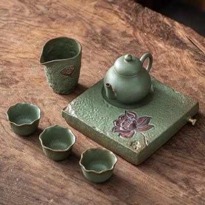 Japanese Lotus Pear Teapot Set - 6 pcs | One Pot And Three Cups with Tray - mokupark.com