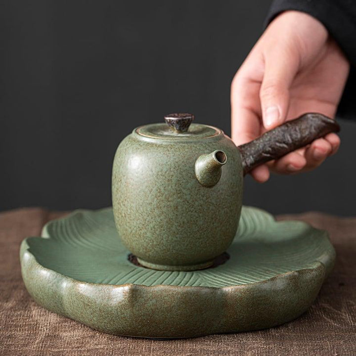 Japanese Petal Side Grip Kung Fu Teapot Set - 6 pcs | One Pot And Three Cups with Tray - mokupark.com