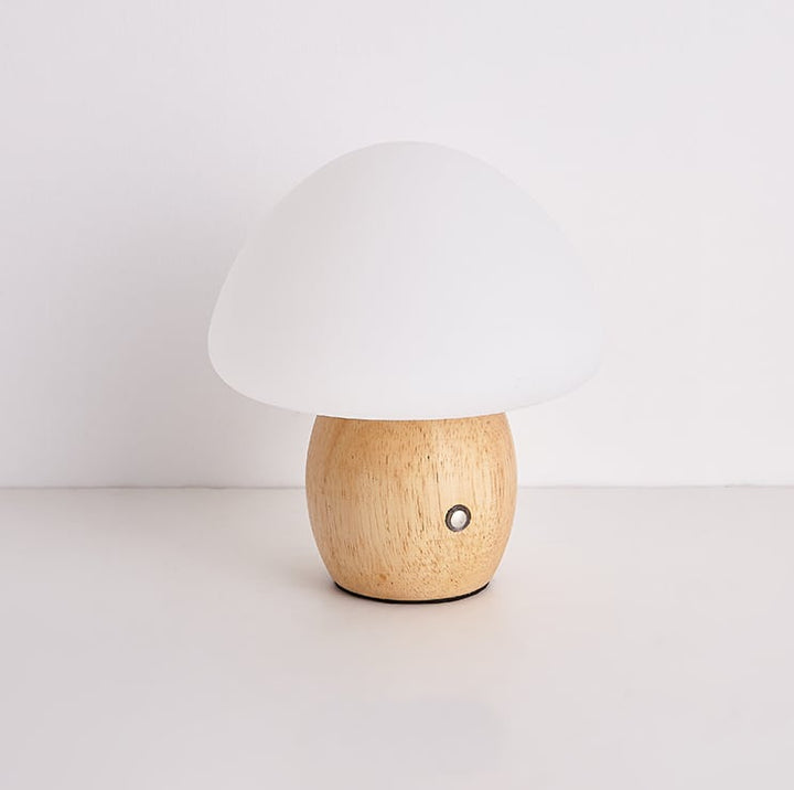 Solid Wood Frosted Mushroom Table Lamp - USB Rechargeable LED Cordless Table Lamp