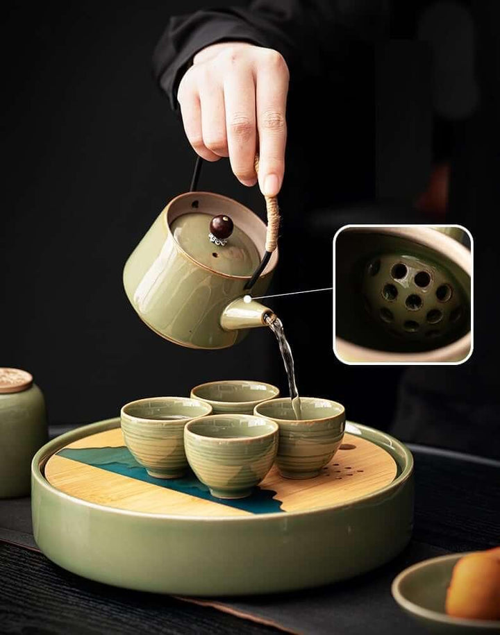 Japanese Bamboo Green Teapot With Beams Set - 7pcs One Pot And Four Cups - mokupark.com