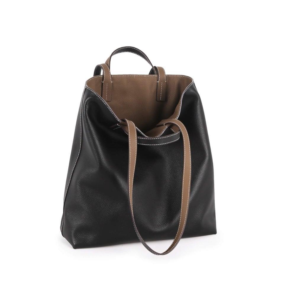 Black & Khaki Double-sided Full Grain Cow Leather Large Capacity Tote Bag | Handbag | Shoulder Bag - loliday.net