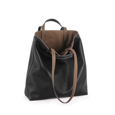 Black & Khaki Double-sided Full Grain Cow Leather Large Capacity Tote Bag | Handbag | Shoulder Bag - loliday.net