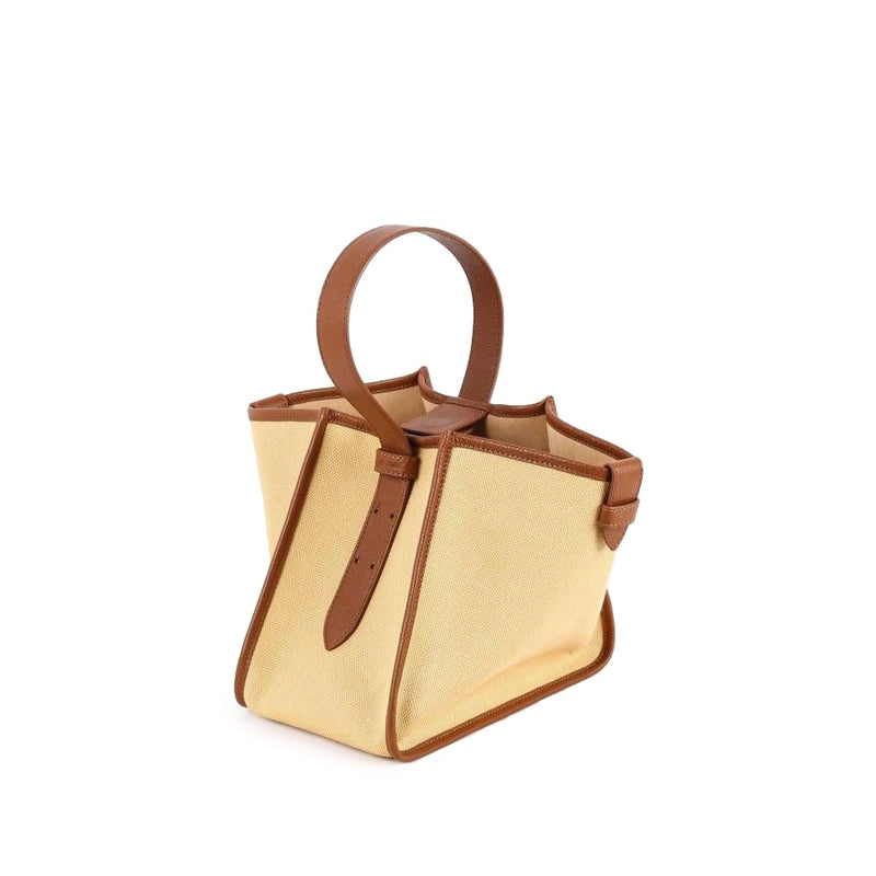 KOJII - Square Large Tote Bag in Leather & Canvas _ Brown & Khaki