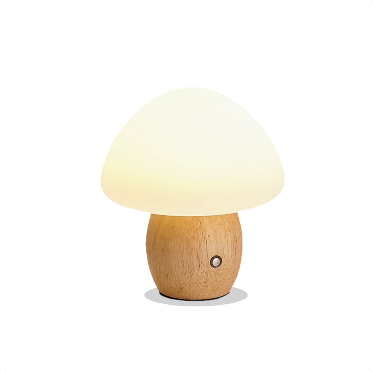 Solid Wood Frosted Mushroom Table Lamp - USB Rechargeable LED Cordless Table Lamp