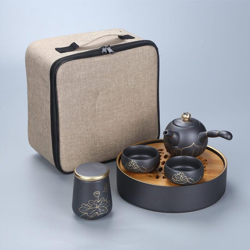 Portable Travel Hand Painted Lotus Stoneware Tea Set - 5pcs with Tea Tray - mokupark.com
