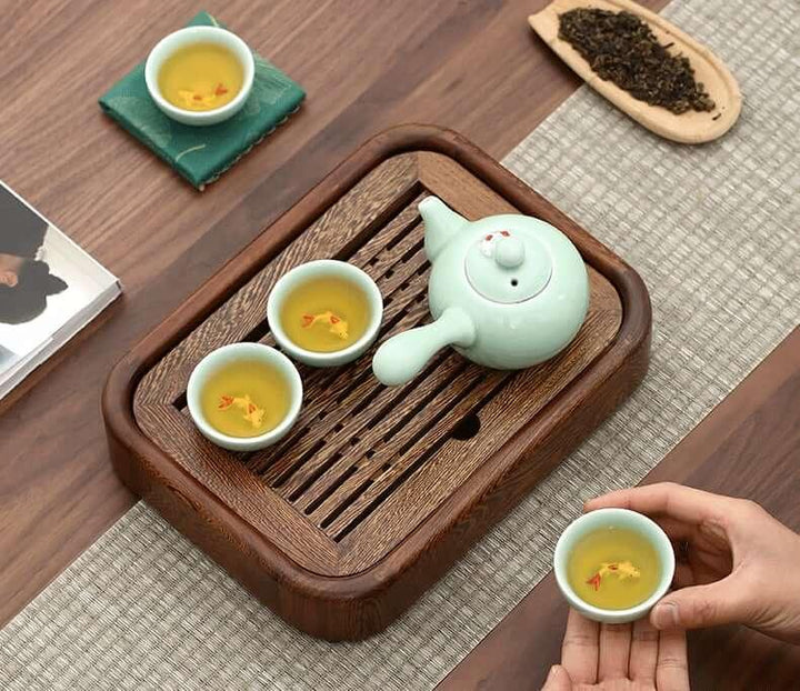 Simple Small Wenge Wood Tea Tray + One Pot Four Cups Dry Brew Set - mokupark.com
