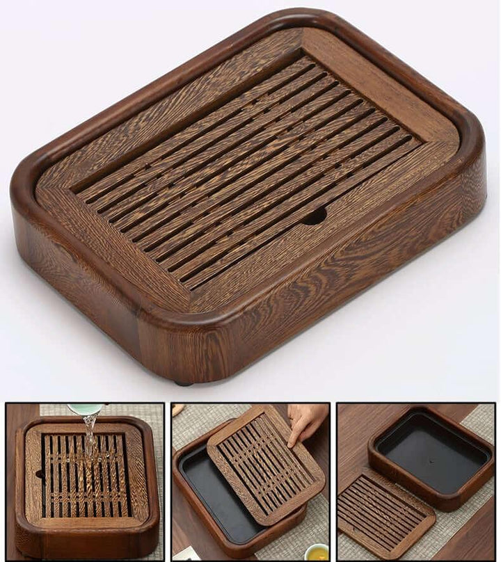 Simple Small Wenge Wood Tea Tray + One Pot Four Cups Dry Brew Set - mokupark.com